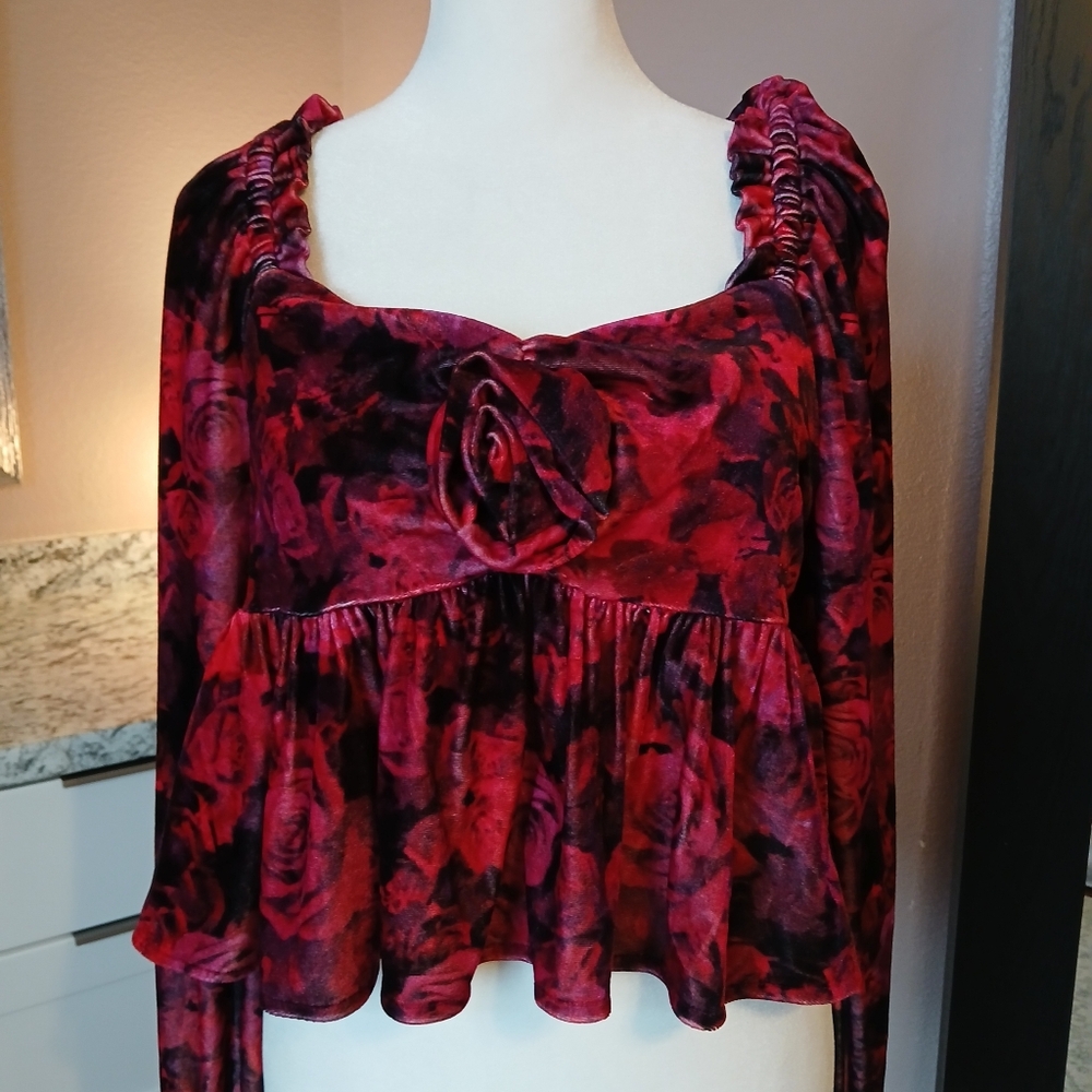 NWT Chelsea & Violet Blouse Roses Crop Top Velour Red Long Sleeve Size M